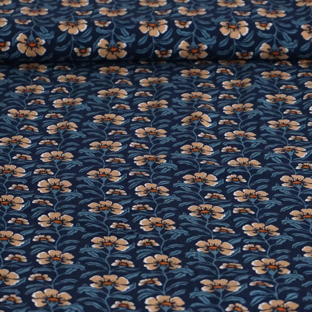Viskose Druck Blumen blau beige